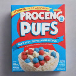 A vibrant blue cereal box with 'Protein Puffs' as the title, written in bold red letters with a white border.