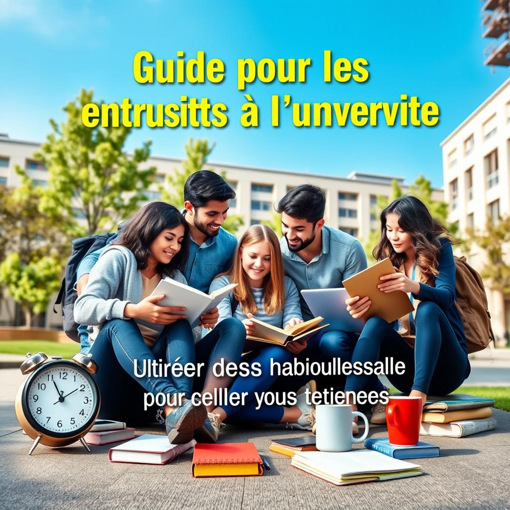 A motivational university guidebook cover, featuring a diverse group of students studying together on campus, surrounded by books and laptops, exuding a collaborative atmosphere