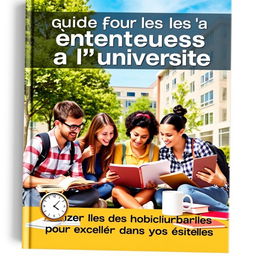 A motivational university guidebook cover, featuring a diverse group of students studying together on campus, surrounded by books and laptops, exuding a collaborative atmosphere