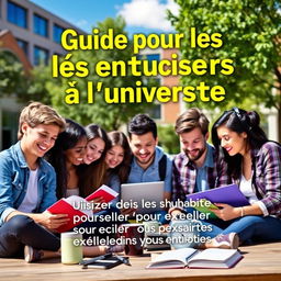 A motivational university guidebook cover, featuring a diverse group of students studying together on campus, surrounded by books and laptops, exuding a collaborative atmosphere