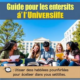 A motivational university guidebook cover, featuring a diverse group of students studying together on campus, surrounded by books and laptops, exuding a collaborative atmosphere