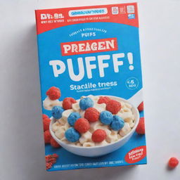 A vibrant blue cereal box with 'Protein Puffs' as the title, written in bold red letters with a white border.