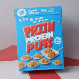 A striking blue cereal box with 'Protein Puffs' as the title, written in bold red letters bordered with white.