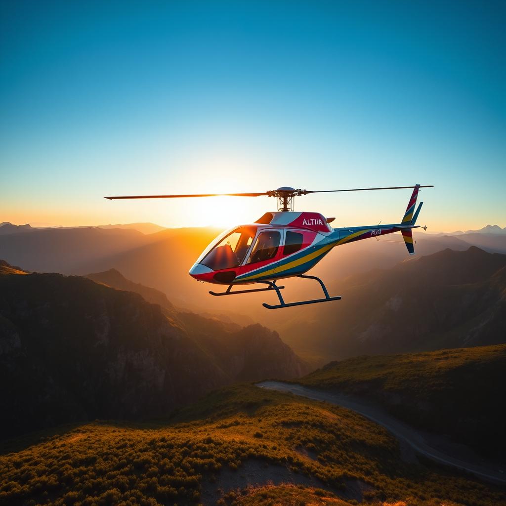 A stunning view of an Altai Motors helicopter in the sky over the beautiful landscapes of Kazakhstan