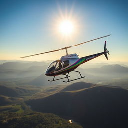 A stunning view of an Altai Motors helicopter in the sky over the beautiful landscapes of Kazakhstan
