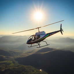 A stunning view of an Altai Motors helicopter in the sky over the beautiful landscapes of Kazakhstan