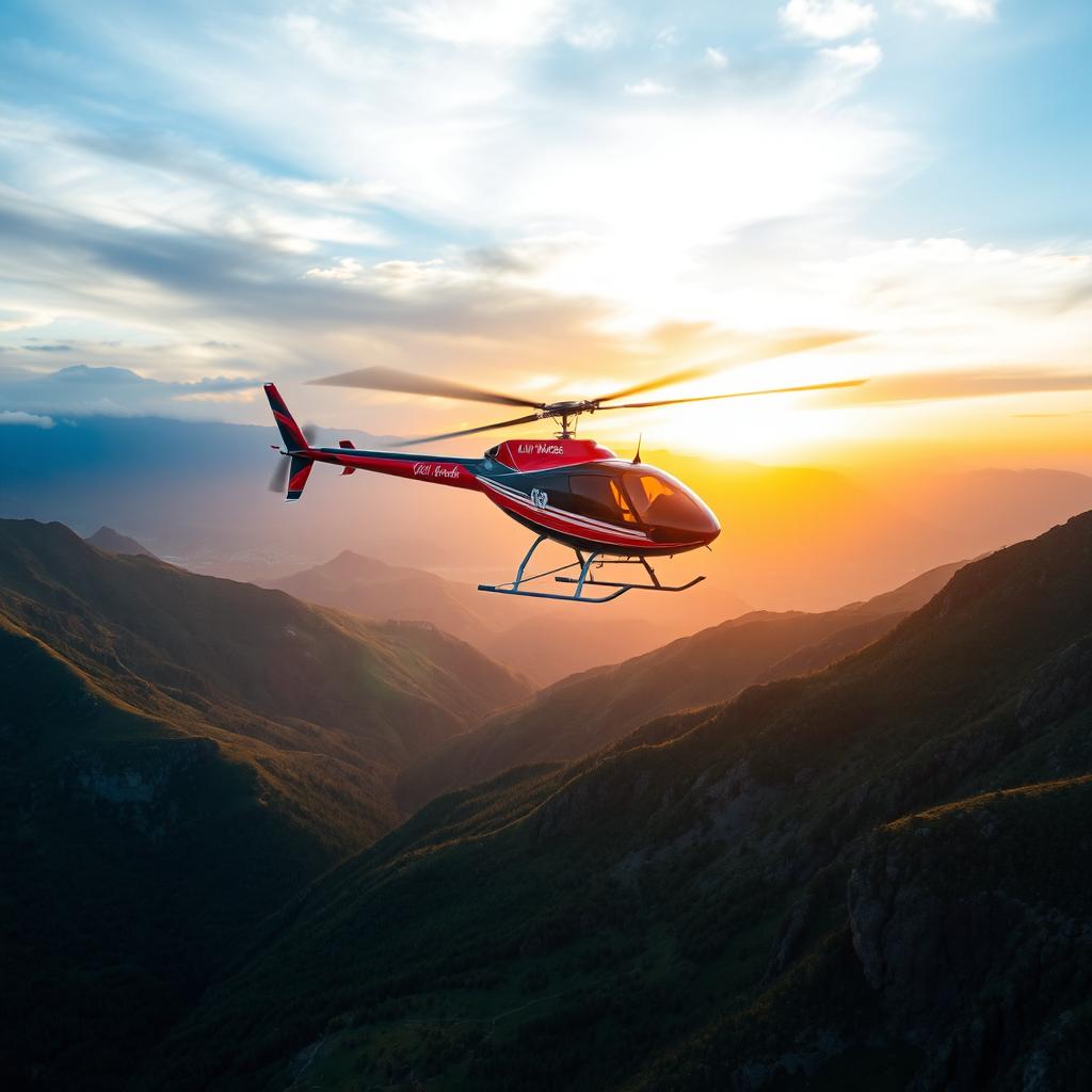 A stunning view of an Altai Motors helicopter in the sky over the beautiful landscapes of Kazakhstan