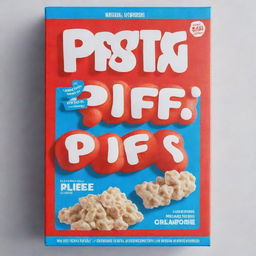 A striking blue cereal box with 'Protein Puffs' as the title, written in bold red letters bordered with white.