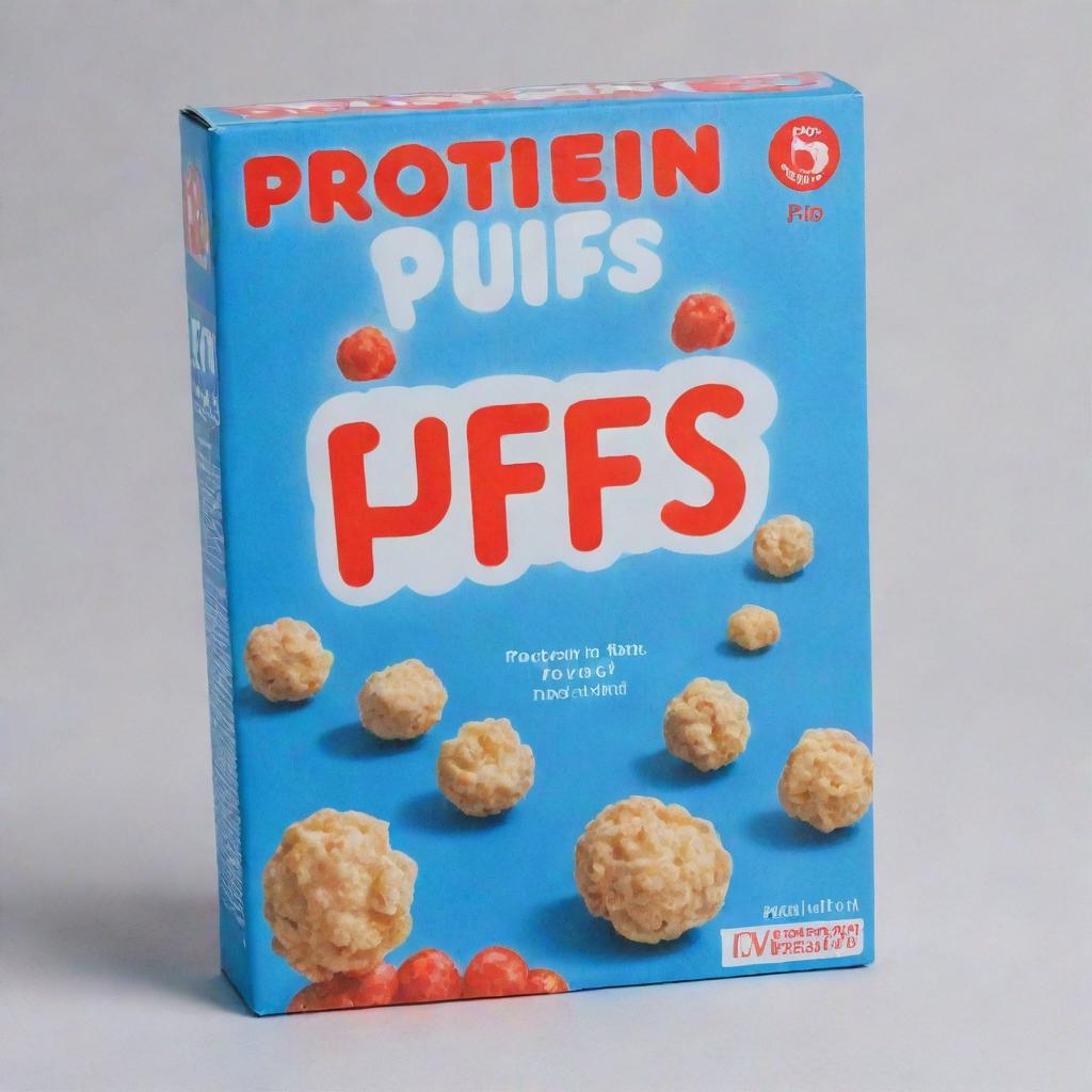 A striking blue cereal box with 'Protein Puffs' as the title, written in bold red letters bordered with white.