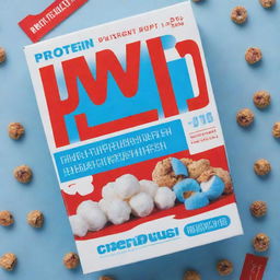 A striking blue cereal box with 'Protein Puffs' as the title, written in bold red letters bordered with white.