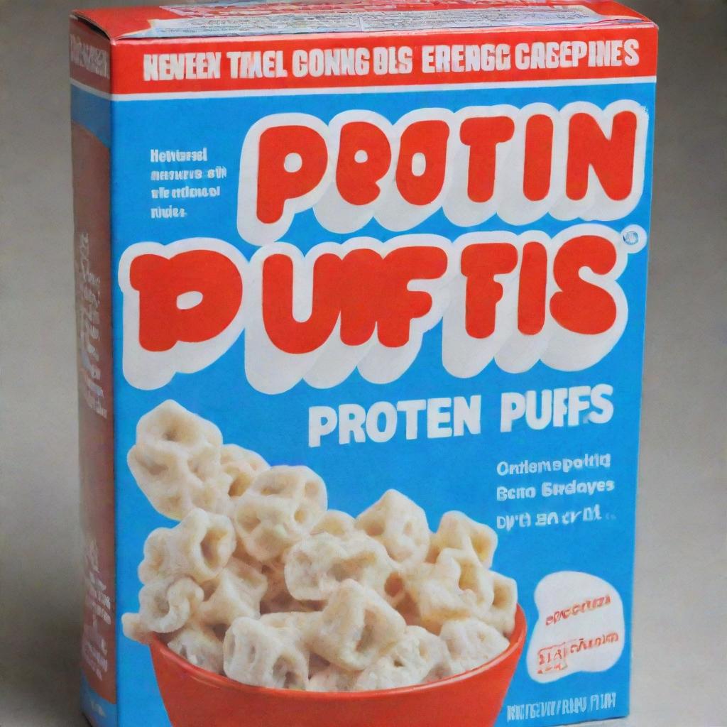 A bold blue cereal box with the title 'Protein Puffs' displayed in noticeable red letters with a sharp white border.