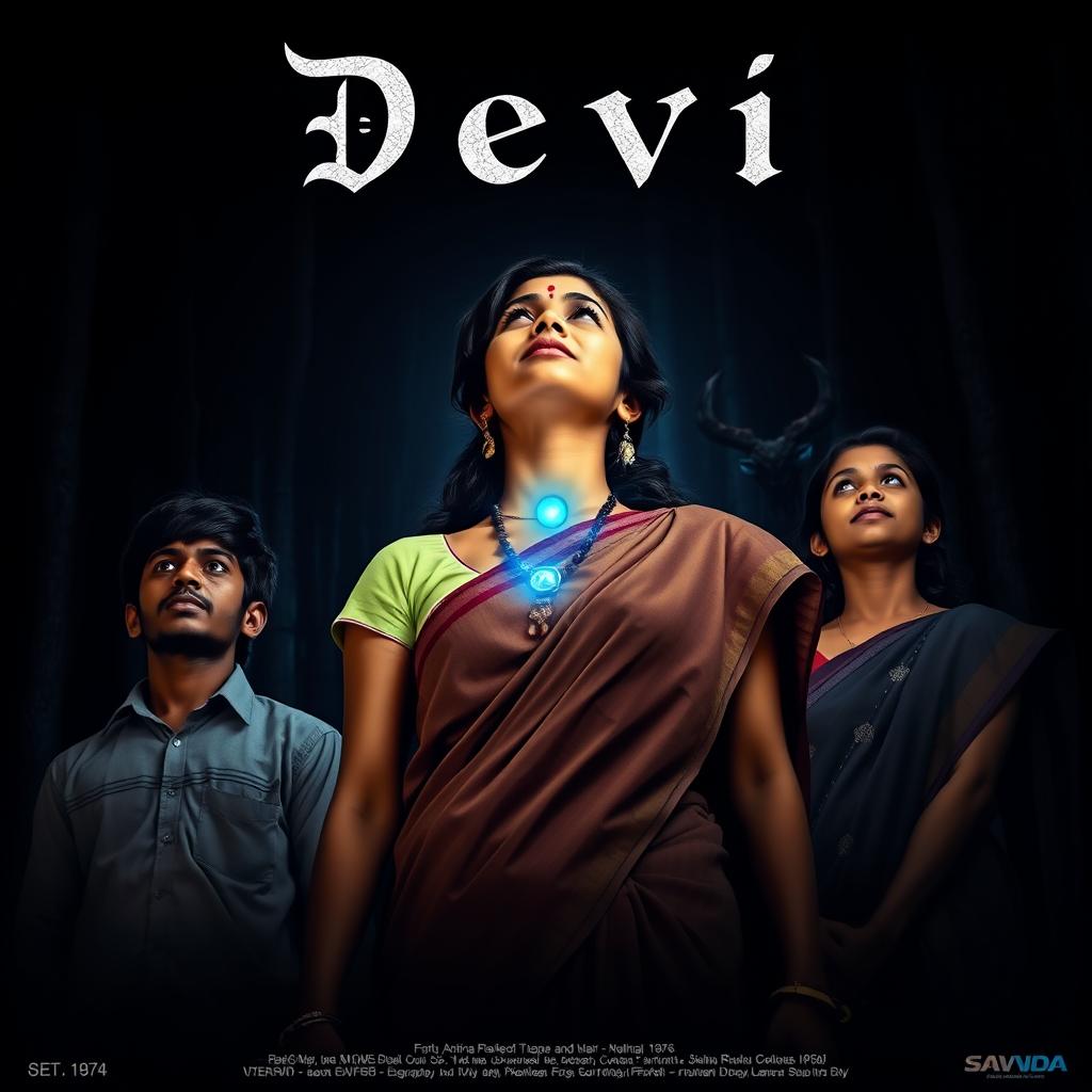 A film poster titled 'Devi', depicting a beautiful 30-year-old Indian woman wearing a traditional saari and blouse, standing in a dense, dark forest at midnight