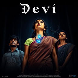 A film poster titled 'Devi', depicting a beautiful 30-year-old Indian woman wearing a traditional saari and blouse, standing in a dense, dark forest at midnight