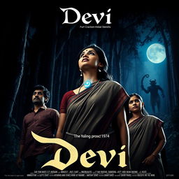 A film poster titled 'Devi', depicting a beautiful 30-year-old Indian woman wearing a traditional saari and blouse, standing in a dense, dark forest at midnight