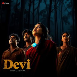 A film poster titled 'Devi', depicting a beautiful 30-year-old Indian woman wearing a traditional saari and blouse, standing in a dense, dark forest at midnight