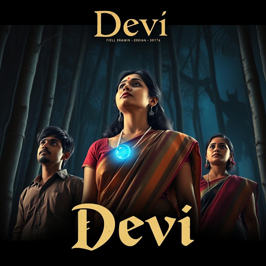 A film poster titled 'Devi', depicting a beautiful 30-year-old Indian woman wearing a traditional saari and blouse, standing in a dense, dark forest at midnight