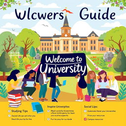 An engaging and aesthetically pleasing university guide for students, featuring vibrant illustrations and infographics