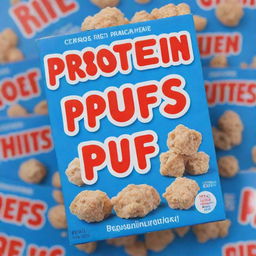 A bold blue cereal box with the title 'Protein Puffs' displayed in noticeable red letters with a sharp white border.