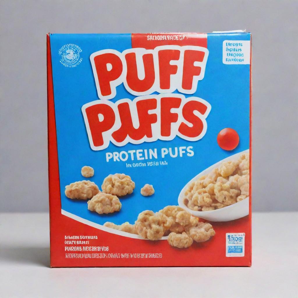 A bold blue cereal box with the title 'Protein Puffs' displayed in noticeable red letters with a sharp white border.