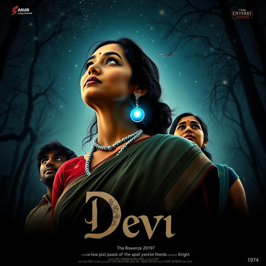 A film poster titled 'Devi', showcasing a stunning 30-year-old Indian woman in a traditional saari and blouse, illuminated by a magical blue glowing pearl around her neck as she gazes up at the starry sky in the middle of the night