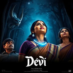 A film poster titled 'Devi', showcasing a stunning 30-year-old Indian woman in a traditional saari and blouse, illuminated by a magical blue glowing pearl around her neck as she gazes up at the starry sky in the middle of the night