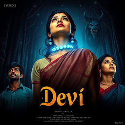 A film poster titled 'Devi', showcasing a stunning 30-year-old Indian woman in a traditional saari and blouse, illuminated by a magical blue glowing pearl around her neck as she gazes up at the starry sky in the middle of the night