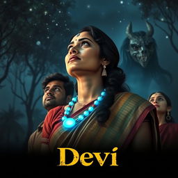 A film poster titled 'Devi', showcasing a stunning 30-year-old Indian woman in a traditional saari and blouse, illuminated by a magical blue glowing pearl around her neck as she gazes up at the starry sky in the middle of the night