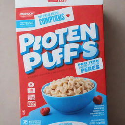 A bold blue cereal box with the title 'Protein Puffs' displayed in noticeable red letters with a sharp white border.