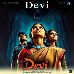 A captivating film poster titled 'Devi', featuring a stunning 30-year-old unmarried Indian woman dressed in a traditional saari and blouse