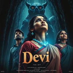 A captivating film poster titled 'Devi', featuring a stunning 30-year-old unmarried Indian woman dressed in a traditional saari and blouse