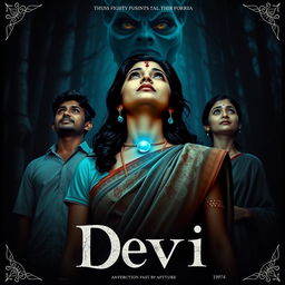 A captivating film poster titled 'Devi', featuring a stunning 30-year-old unmarried Indian woman dressed in a traditional saari and blouse