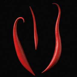 A set of vibrant red devil horns, elegantly curved and sharply pointed, against a stark black background for enhanced contrast.