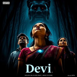 A captivating film poster titled 'Devi', featuring a stunning 30-year-old unmarried Indian woman dressed in a traditional saari and blouse