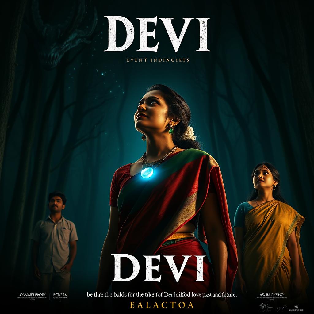 A film poster titled 'Devi', showcasing a striking 30-year-old Indian woman in a vibrant saari and blouse, standing in a shadowy forest at midnight