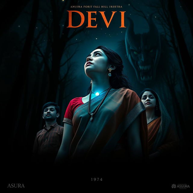 A film poster titled 'Devi', showcasing a striking 30-year-old Indian woman in a vibrant saari and blouse, standing in a shadowy forest at midnight