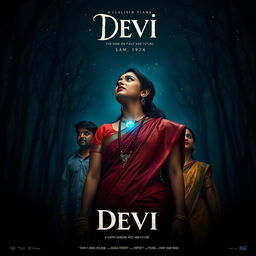 A film poster titled 'Devi', showcasing a striking 30-year-old Indian woman in a vibrant saari and blouse, standing in a shadowy forest at midnight