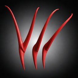 A set of vibrant red devil horns, elegantly curved and sharply pointed, against a stark black background for enhanced contrast.