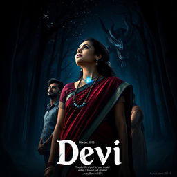 A film poster titled 'Devi', showcasing a striking 30-year-old Indian woman in a vibrant saari and blouse, standing in a shadowy forest at midnight