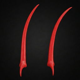 A set of vibrant red devil horns, elegantly curved and sharply pointed, against a stark black background for enhanced contrast.