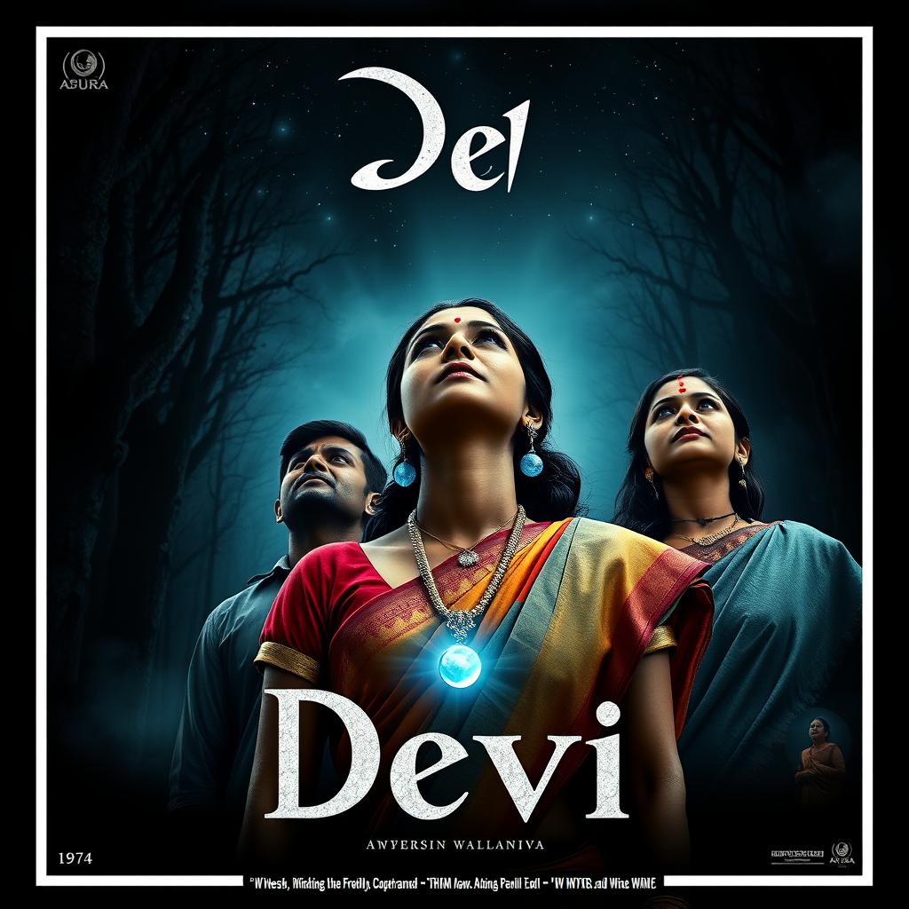 A mesmerizing film poster titled 'Devi', featuring a beautiful 30-year-old unmarried Indian woman adorned in a vibrant saari and blouse