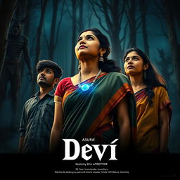 A mesmerizing film poster titled 'Devi', featuring a beautiful 30-year-old unmarried Indian woman adorned in a vibrant saari and blouse