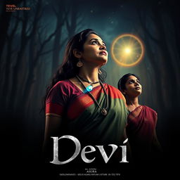 A mesmerizing film poster titled 'Devi', featuring a beautiful 30-year-old unmarried Indian woman adorned in a vibrant saari and blouse