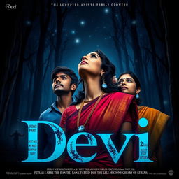 A mesmerizing film poster titled 'Devi', featuring a beautiful 30-year-old unmarried Indian woman adorned in a vibrant saari and blouse