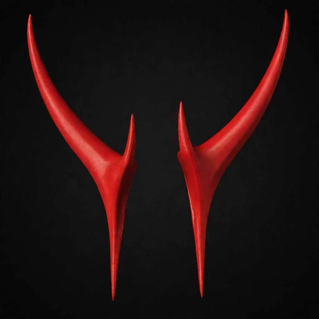 A set of vibrant red devil horns, elegantly curved and sharply pointed, against a stark black background for enhanced contrast.