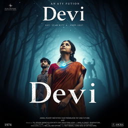 A mesmerizing film poster titled 'Devi', featuring a breathtaking 30-year-old unmarried Indian woman in a colorful saari and blouse