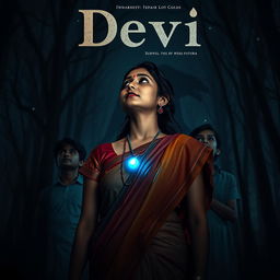 A mesmerizing film poster titled 'Devi', featuring a breathtaking 30-year-old unmarried Indian woman in a colorful saari and blouse