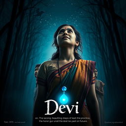 A mesmerizing film poster titled 'Devi', featuring a breathtaking 30-year-old unmarried Indian woman in a colorful saari and blouse