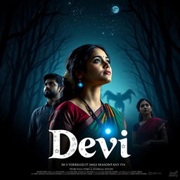 A mesmerizing film poster titled 'Devi', featuring a breathtaking 30-year-old unmarried Indian woman in a colorful saari and blouse