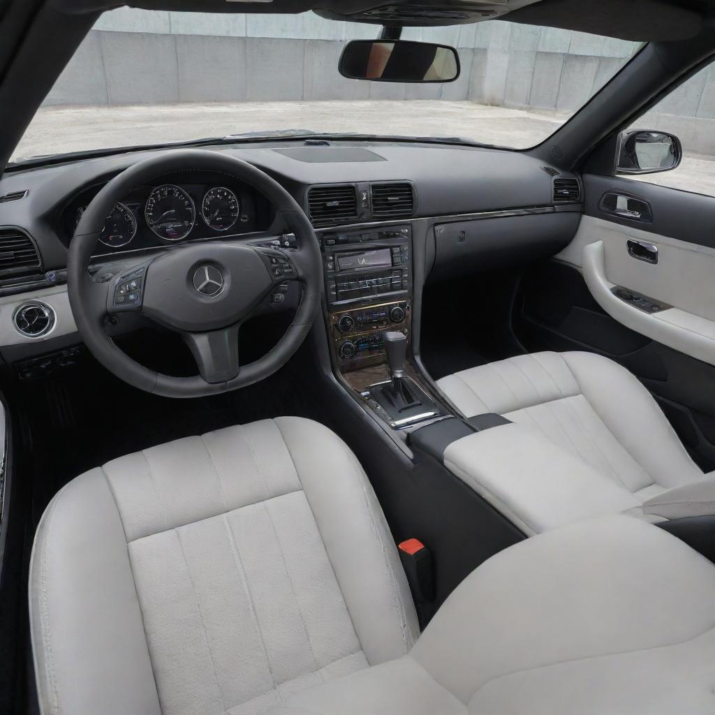 A modern, sleek and luxurious interior of a Mercedes-Benz 190e, featuring advanced technology, carbon fiber accents, and high-grade leather upholstery.