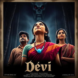 A captivating film poster titled 'Devi', featuring a stunning 30-year-old unmarried Indian woman wearing a beautifully colored saari and blouse